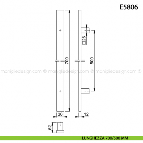 Maniglione per porta E5806 Hoppe acciaio inox interasse 700/500 mm disegno
