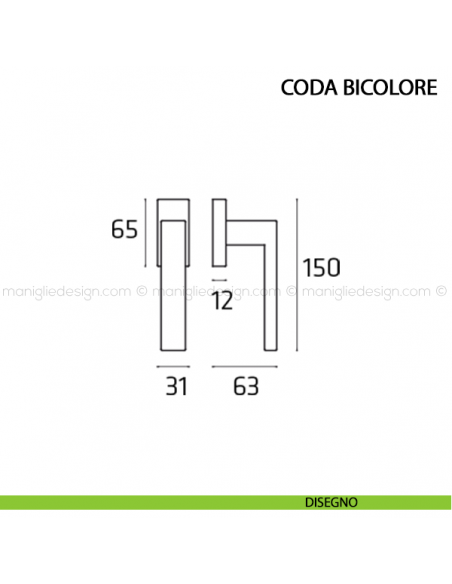Maniglia per finestra martellina DK Coda Bicolore Comit disegno