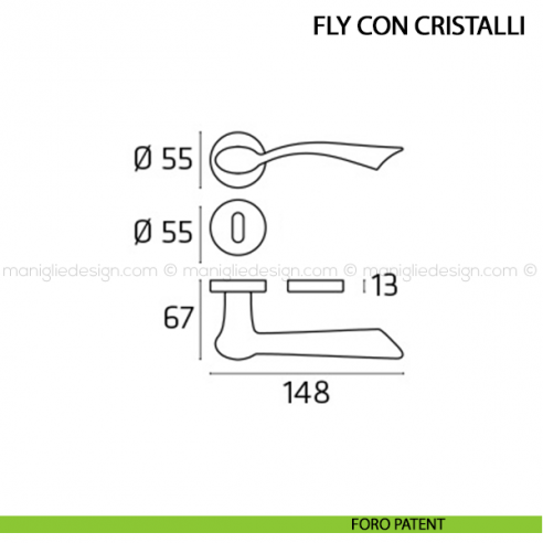 Maniglia per porta Fly con cristalli Comit foro patent