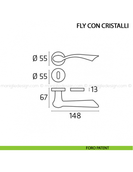 Maniglia per porta Fly con cristalli Comit foro patent