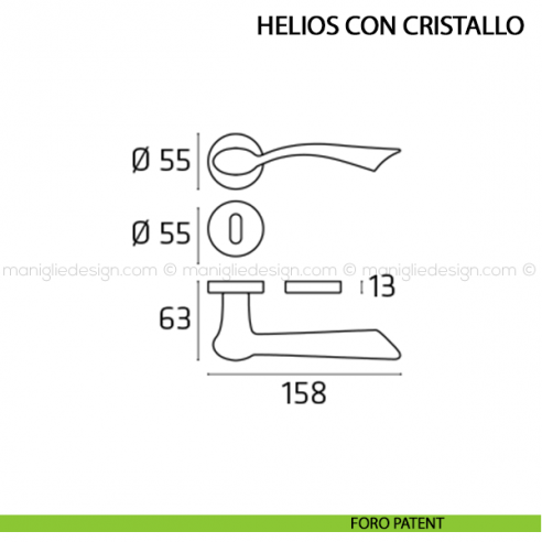 Maniglia per porta Helios con cristallo Comit foro patent