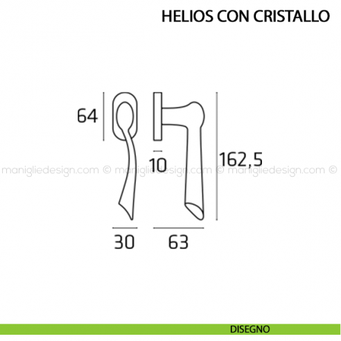 Maniglia per finestra martellina DK Helios con cristallo Comit disegno