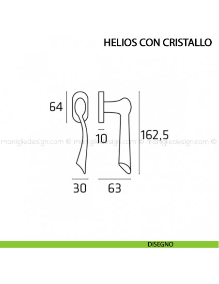 Maniglia per finestra martellina DK Helios con cristallo Comit disegno