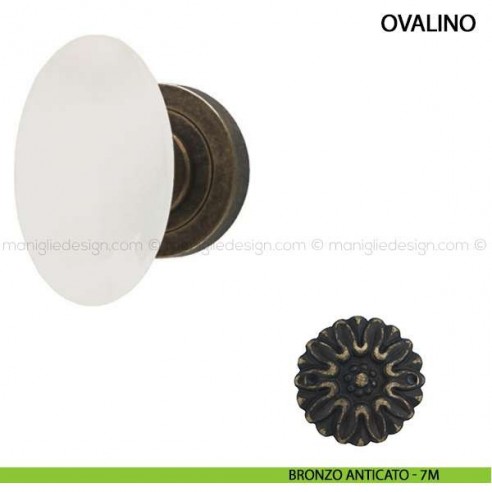 Pomolo per porta Ovalino Comit con porcellana bianca bronzo anticato
