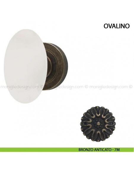 Pomolo per porta Ovalino Comit con porcellana bianca bronzo anticato