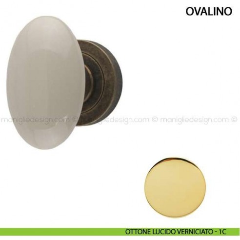 Pomolo per porta Ovalino Comit con porcellana avorio ottone lucido verniciato