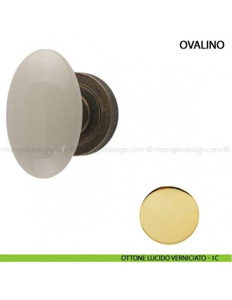 Pomolo per porta Ovalino Comit con porcellana avorio ottone lucido verniciato