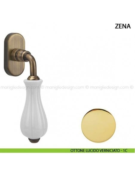 Maniglia per finestra martellina DK Zena Comit con porcellana bianca ottone lucido verniciato