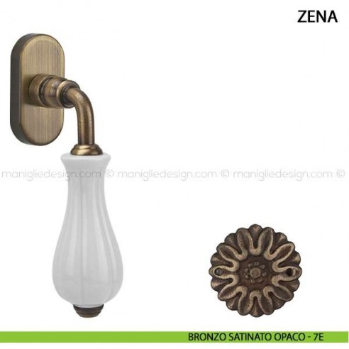 Maniglia per finestra martellina DK Zena Comit con porcellana bianca bronzo satinato opaco