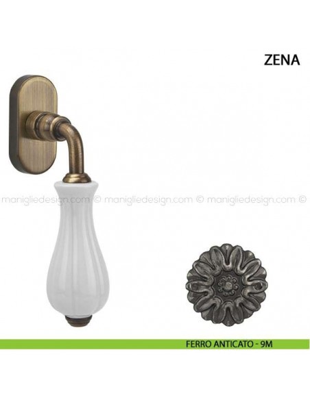 Maniglia per finestra martellina DK Zena Comit con porcellana bianca ferro anticato