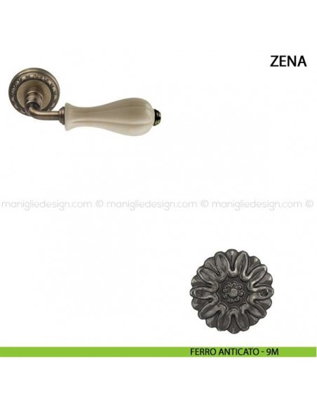 Maniglia per porta Zena Comit con porcellana avorio opaco ferro anticato