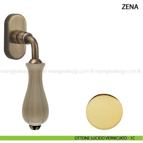 Maniglia per finestra martellina DK Zena Comit con porcellana avorio opaco ottone lucido verniciato