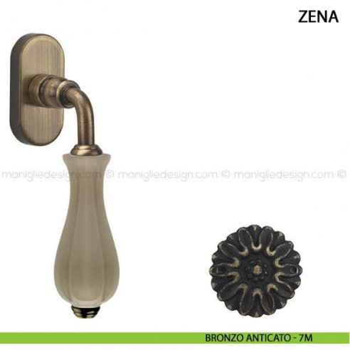 Maniglia per finestra martellina DK Zena Comit con porcellana avorio opaco bronzo anticato