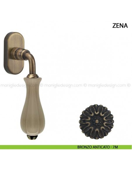 Maniglia per finestra martellina DK Zena Comit con porcellana avorio opaco bronzo anticato