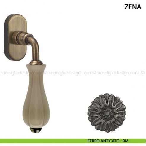 Maniglia per finestra martellina DK Zena Comit con porcellana avorio opaco ferro anticato