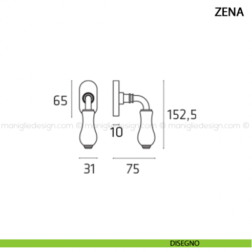 Maniglia per finestra martellina DK Zena Comit con porcellana avorio opaco disegno