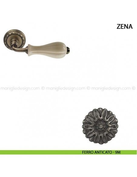 Maniglia per porta Zena Comit con porcellana avorio lucido ferro anticato