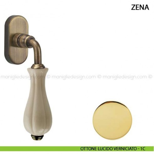 Maniglia per finestra martellina DK Zena Comit con porcellana avorio lucido ottone lucido verniciato