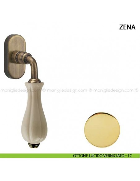 Maniglia per finestra martellina DK Zena Comit con porcellana avorio lucido ottone lucido verniciato
