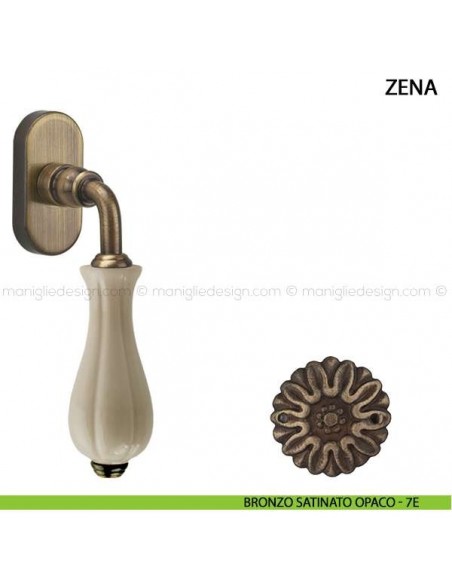 Maniglia per finestra martellina DK Zena Comit con porcellana avorio lucido bronzo satinato opaco