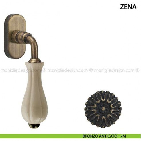 Maniglia per finestra martellina DK Zena Comit con porcellana avorio lucido bronzo anticato
