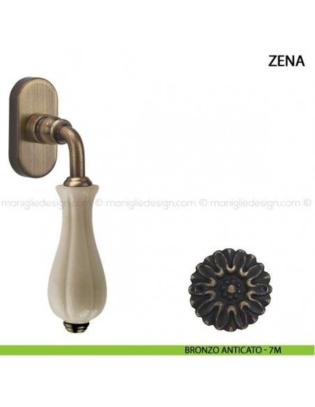 Maniglia per finestra martellina DK Zena Comit con porcellana avorio lucido bronzo anticato