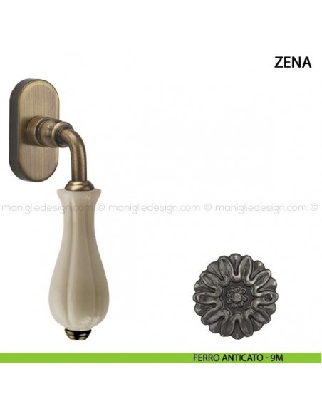 Maniglia per finestra martellina DK Zena Comit con porcellana avorio lucido ferro anticato