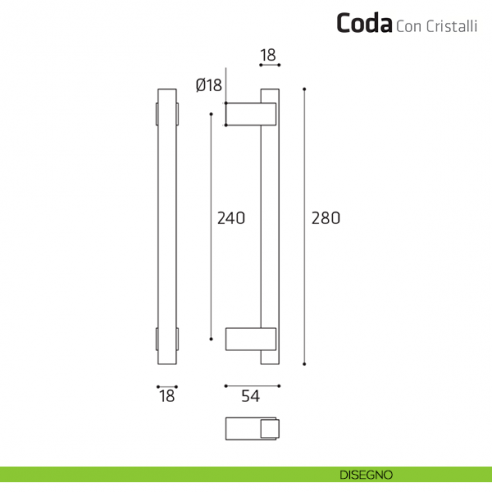 Maniglione per porta Coda con cristalli Comit singolo 280 mm disegno