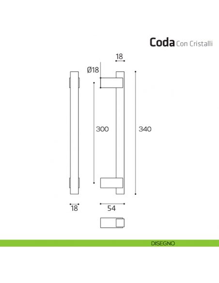 Maniglione per porta Coda con cristalli Comit singolo 340 mm disegno