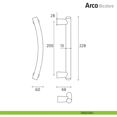 Maniglione per porta Arco Bicolore Comit accoppiato 228 mm disegno