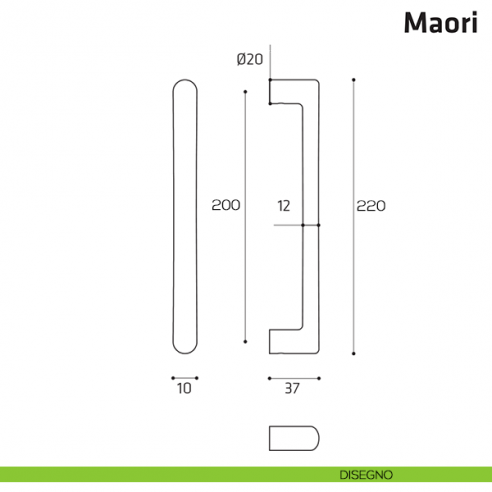 Maniglione per porta Maori Comit accoppiato 220 mm disegno