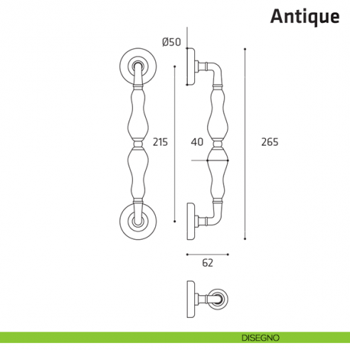 Maniglione per porta Antique Comit accoppiato 265 mm disegno