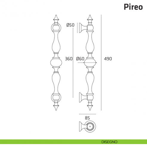 Maniglione per porta Pireo Comit singolo 490 mm disegno