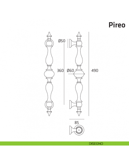 Maniglione per porta Pireo Comit accoppiato 490 mm disegno