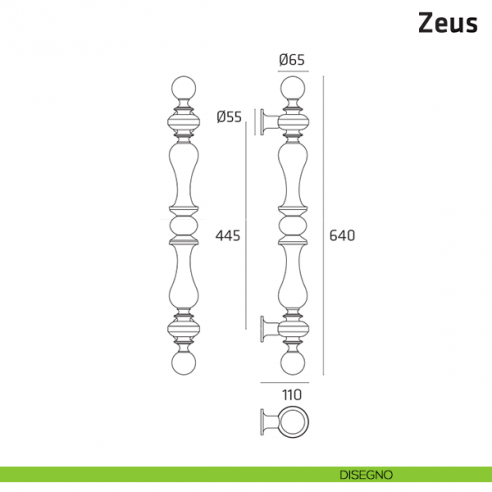 Maniglione per porta Zeus Comit singolo 640 mm disegno