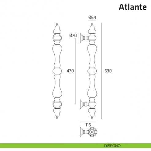 Maniglione per porta Atlante Comit accoppiato 630 mm disegno