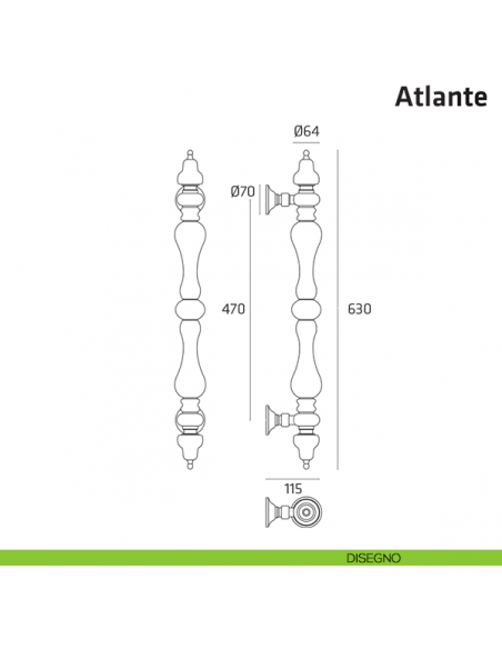 Maniglione per porta Atlante Comit accoppiato 630 mm disegno