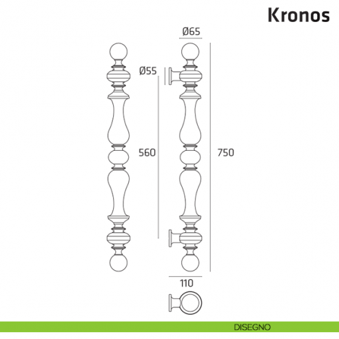 Maniglione per porta Kronos Comit singolo 750 mm disegno