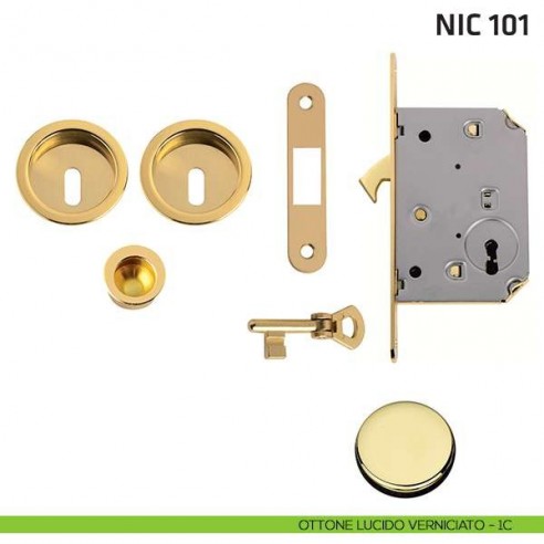 Kit tondo foro chiave con chiave, trascinatore e serratura NIC 101 ottone lucido verniciato