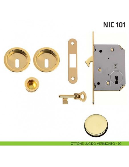 Kit tondo foro chiave con chiave, trascinatore e serratura NIC 101 ottone lucido verniciato