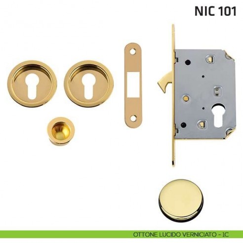 Kit tondo foro yale con trascinatore e serratura NIC 101 ottone lucido verniciato