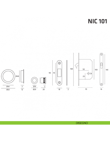 Kit tondo con Swarovski con nottolino + taglio vite con trascinatore e serratura NIC 101 disegno
