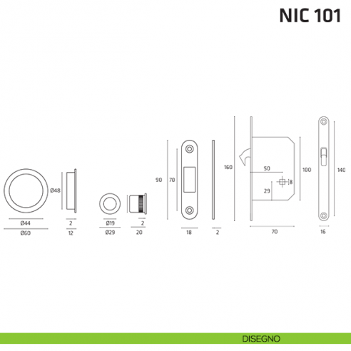 Kit tondo con nottolino + taglio vite con trascinatore e serratura NIC 101 disegno