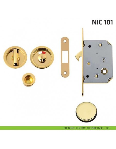 Kit tondo con nottolino + taglio vite con segnalatore, con trascinatore e serratura NIC 101 ottone lucido verniciato