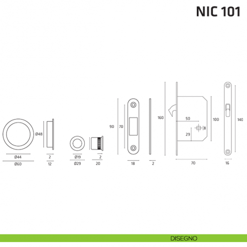 Kit tondo con nottolino + taglio vite con segnalatore, con trascinatore e serratura NIC 101 disegno