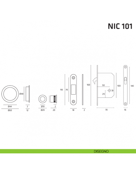 Kit tondo con nottolino + taglio vite con segnalatore, con trascinatore e serratura NIC 101 disegno