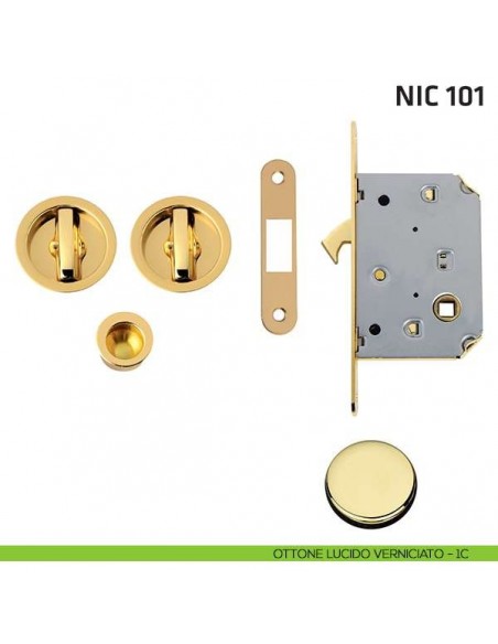 Kit tondo con nottolino + nottolino con trascinatore e serratura NIC 101 ottone lucido verniciato