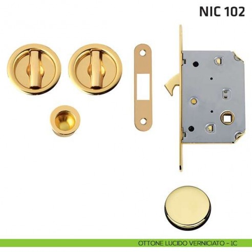 Kit tondo con nottolino + nottolino con trascinatore e serratura NIC 102 ottone lucido verniciato