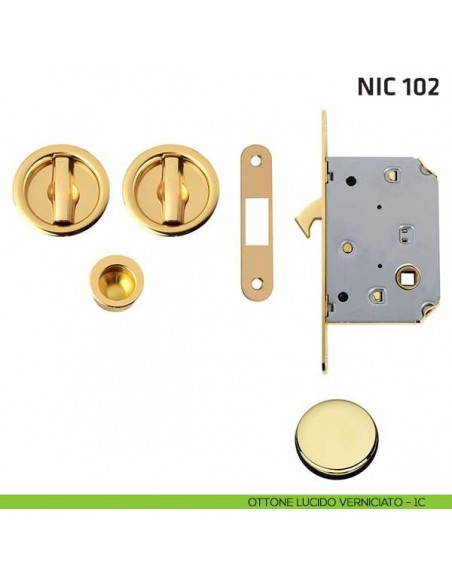 Kit tondo con nottolino + nottolino con trascinatore e serratura NIC 102 ottone lucido verniciato