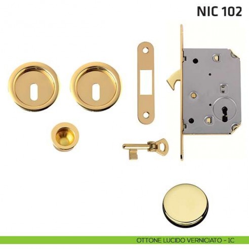 Kit tondo foro chiave con chiave, trascinatore e serratura NIC 102 ottone lucido verniciato